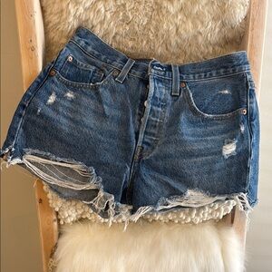 Levi's Blue Jean Shorts with Distressed Details and High-Waisted Design